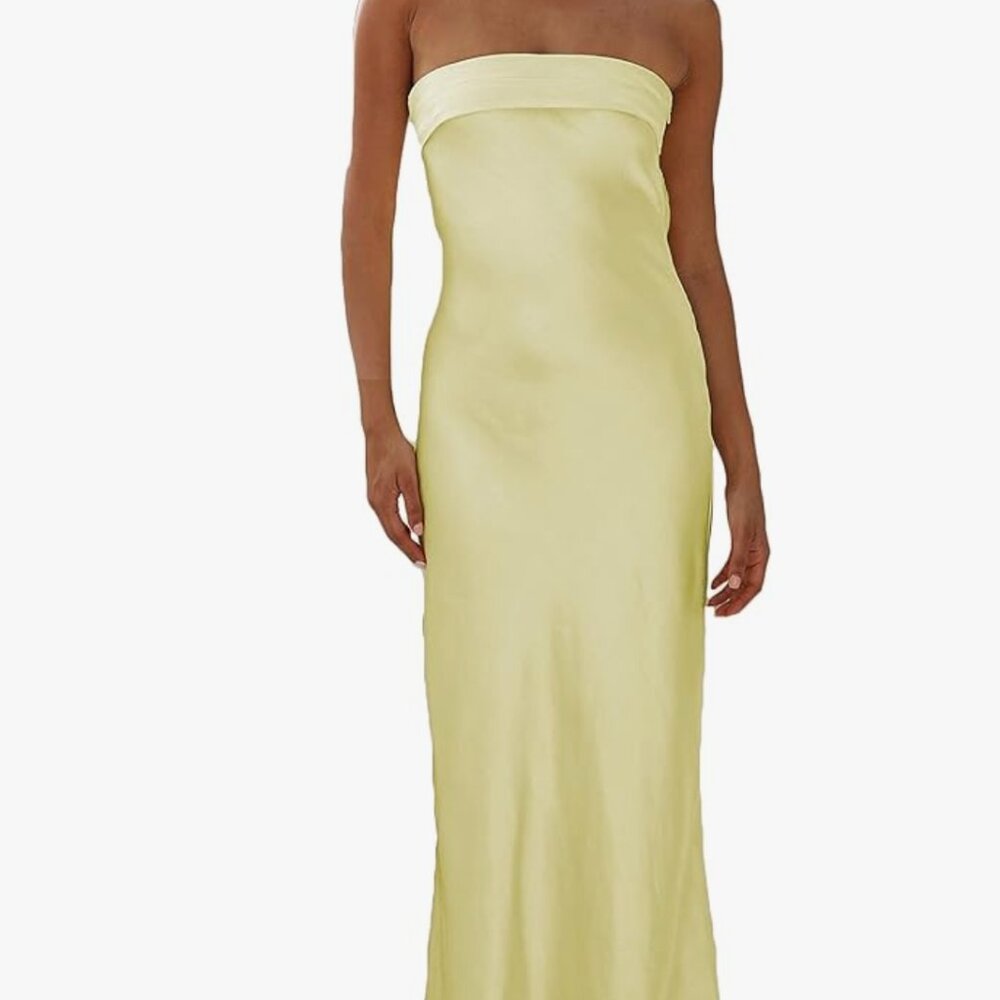Realtix Satin Silk Strapless Maxi Dress – Butter Yellow, Size Large